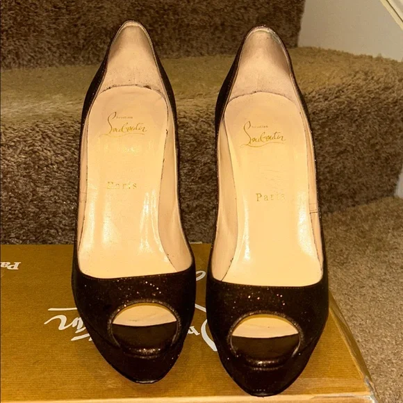 Christian Louboutin Glittery Brown Peep-Toe Heels - Picture 3 of 7